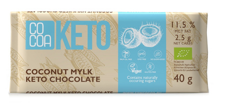 CZEKOLADA KETO KOKOSOWA Z OLEJEM MCT BEZ DODATKU CUKRU BEZGLUTENOWA BIO 40 g - COCOA