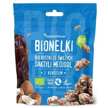 PRALINKI DAKTYLOWE Z WIÓRKAMI KOKOSOWYMI BEZGLUTENOWE BIO 50 g - ORGANIC HOUSE (BIONELKI)