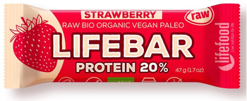 BATON PROTEINOWY Z TRUSKAWKAMI RAW BEZ DODATKU CUKRÓW BEZGLUTENOWY BIO 47 g - LIFEFOOD