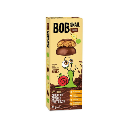 PRZEKĄSKA CHOCO JABŁKO - GRUSZKA W MLECZNEJ CZEKOLADZIE BELGIJSKIEJ BEZ DODATKU CUKRU BEZGLUTENOWA 30 g - BOB SNAIL