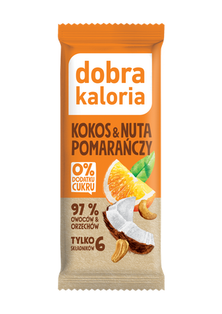 BATON DAKTYLOWY KOKOS & NUTA POMARAŃCZY BEZ DODATKU CUKRÓW 35 g - DOBRA KALORIA