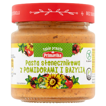 PASTA SŁONECZNIKOWA Z POMIDORAMI I BAZYLIĄ BEZGLUTENOWA 160 g - PRIMAVIKA